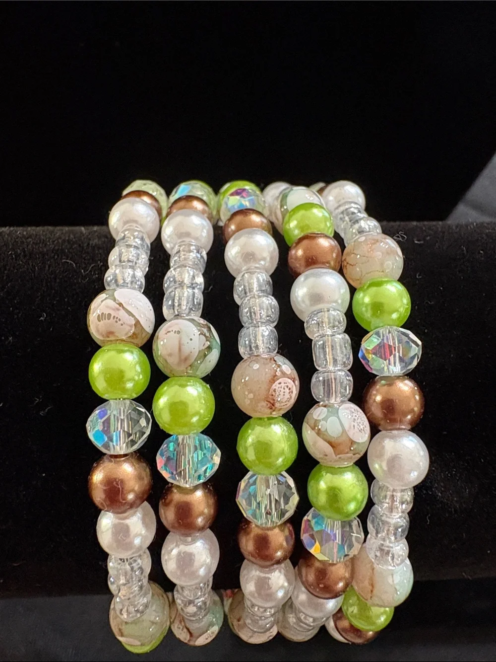 Beaded Bracelet - Green, Brown & Pearl Accent